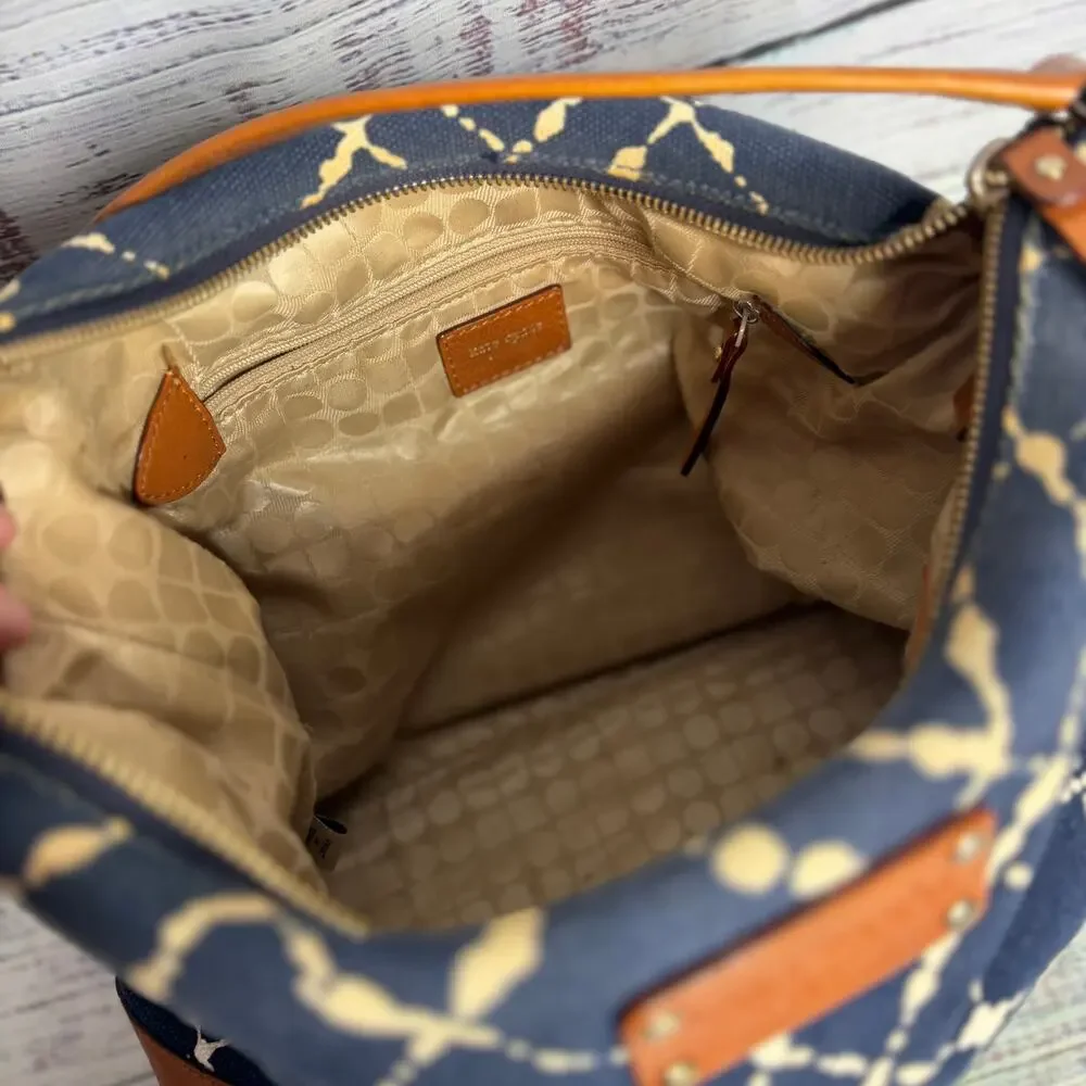 Kate Spade New York Navy Cream Print Canvas Leather Shoulder Hobo Bag